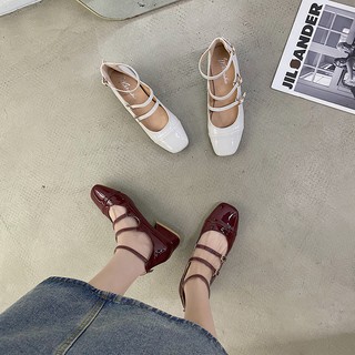 Zapatos de tacón grueso para mujer primavera / verano 2021 zapatos Mary Jane hebilla de tacón medio retro punta cuadrada ins boca baja zapatos Hepburn