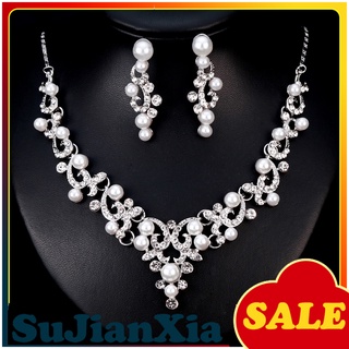 sujianxia moda aleación rhinestone imitación perla collar pendientes mujeres novia joyería conjunto (1)