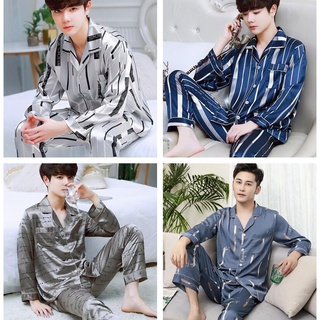 Los hombres pijamas de seda de satén pijamas conjunto baju tidur de los hombres pijamas de manga larga Cardigan camisas+ pantalones ropa de dormir de los hombres ropa de dormir Casual ropa de hogar para hombre ropa de dormir