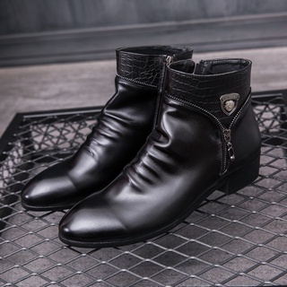 botas de tobillo de los hombres chelsea botas de tobillo de alta parte superior de cuero genuino botas formales zapatos con cremallera