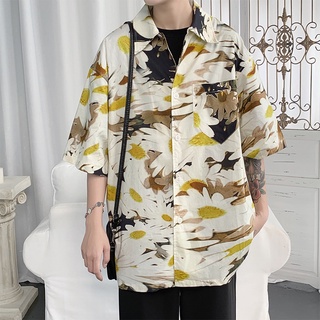 Unisex más el tamaño de la flor hawaiana camisa de los hombres y las mujeres de verano delgado suelto de la moda Casual de cinco puntos de manga corta camisa pareja Tops abrigo