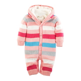 (ASH)Newborn Toddler Baby Boy Winter Jacket Warm Knit Striped Jumpsuit Hooded Sweater (1)