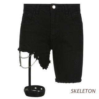 SKELETON Women Goth Punk High Waist Denim Shorts Sexy Cutout Asymmetrical Jeans Harajuku Garter Chain Frayed Hem Short Pants