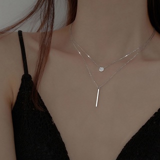 [alta calidad] collar redondo redondo de doble capa de plata, collar con colgante largo de circonita completa