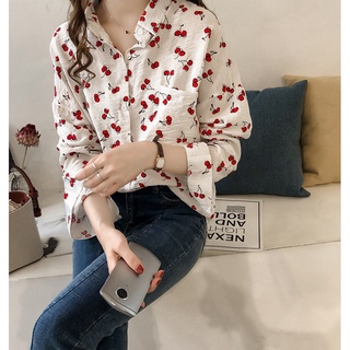 principios de otoño de las mujeres nuevas tops de manga larga versión coreana suelta de la dulce cereza impresión blusa fondo camisa