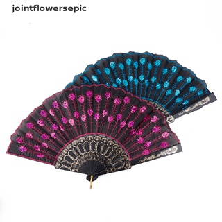 nuevo stock arco iris color danza ventilador de pavo real patrón plegable de mano bordado lentejuelas ventilador caliente