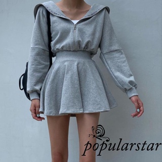 Popu-mujer vestido con capucha, gris Color sólido cremallera manga larga dobladillo grande de una sola pieza