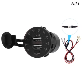 Niki impermeable 12V 2.4A Dual USB cargador de coche con voltímetro LED Cable de alimentación encendido/apagado interruptor para coche SUV barco motocicleta