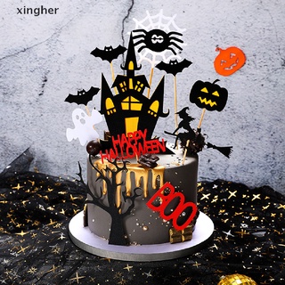 [xingher] Tarjeta para tartas de Halloween, diseño de castillo negro, bandera de murciélago, calabaza, bruja, fiesta, decoración caliente