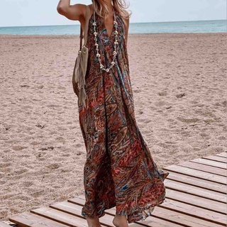 kailei retro patrón impresión vestido de playa sin respaldo bohemia halter profundo v-cuello sin mangas maxi vestido vestido vestido (4)