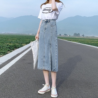 Nueva mujer larga falda de mezclilla Vintage alta Wasit Jeans falda femenina recta lado dividido una línea lápiz faldas