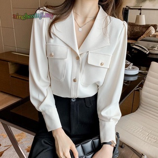 Mujer francés V-cuello de manga larga temperamento camisa suelta pecho bolsillo diseño moda Casual profesional Top