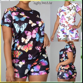 Las mujeres Casual deportes de moda mariposa impresión de manga corta pantalones cortos de dos piezas traje ngfty3465
