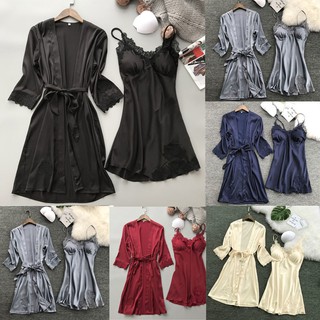Acyfuun lencería De Seda para mujer bata y encaje Vestido Babydoll Camisola ropa De dormir Kimono Conjunto