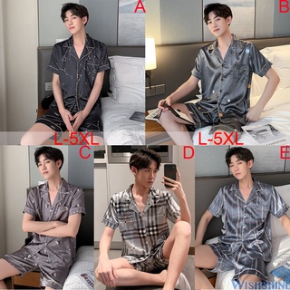 Moda más el tamaño L-5XL para hombre de seda de satén pijama conjunto masculino ropa de hogar ropa de dormir de manga corta pijama Baju Tidur ropa de dormir traje