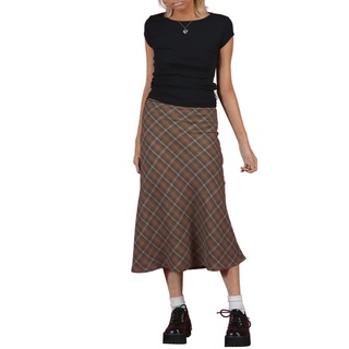 Ce-Mujer Bodycon Midi faldas, impresión a cuadros cintura alta longitud de la rodilla estiramiento falda larga
