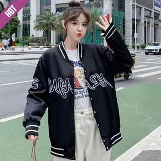 Gran tamaño de las mujeres de estilo coreano de moda suelta impreso chaqueta estudiante primavera y otoño nuevo cuello redondo manga larga Casual versátil béisbol uniforme chaqueta (1)