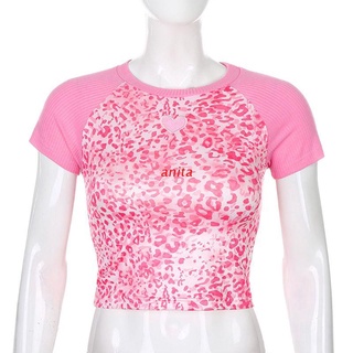hormiga mujer acanalado raglán de manga corta t-shirt dulce rosa leopardo impresión corazón bordado crop top slim fit cuello redondo verano streetwear
