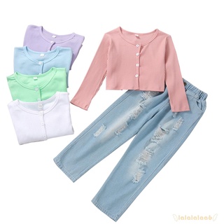 Laa6-Camiseta de manga larga de Color sólido para niña y pantalones de mezclilla rasgados