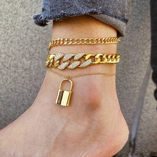 Pulsera de tobillo de cadena en forma de cerradura múltiple de múltiples capas pulseras de diamantes de bloqueo de las niñas de pie pulsera de tobillo de playa joyería femme
