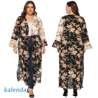 KALEN Women Ruffles Flare Long Sleeve Kimono Cardigan Vintage Contrast Color Floral Printed Open Front Loose Blouse Maxi Long Beach Swimsuit Cover Up Plus Size