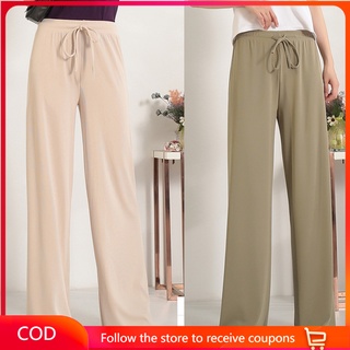 [online360]mujeres Palazzo pantalones de seda de hielo de pierna ancha casual pantalones de cintura alta elástica cintura recta casual pantalones largos delgados