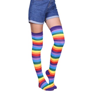 groc mujeres niñas fantasía arco iris rayas coloridas sobre la rodilla calcetines largos de halloween cosplay disfraz de punto elástico muslo medias altas (7)