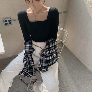 Básico delgado cuello cuadrado mujeres camisetas cortas manga larga Casual fondo Tops (8)