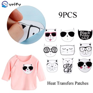 URIFY 9pcs/Set Children Heat Transfers Patch T-shirt Iron-On Sticker Clothing Patches DIY Handcrafts Sewing Accessories Arts Crafts Washable Cartoon Cat Applique (1)