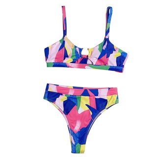 greenwings_Ladies Fashion High Waist Split Swimsuit Colorblock Print Sexy Bikini