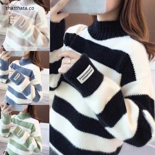 tha Women Autumn Winter Long Sleeves Half Turtleneck Knitted Sweater Stitching Contrast Color Striped Pullover Loose Jumper Casual Tops