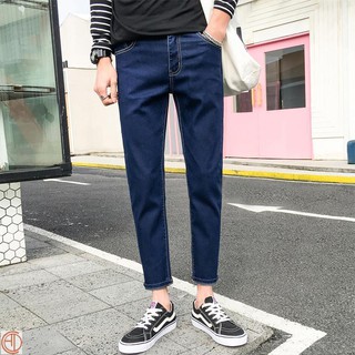 [Elasticidad] azul oscuro jeans de los hombres de nueve puntos slim-fitting pies pequeños estudiante otoño ajustado ajustado pantalones de nueve puntos