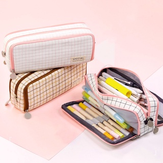 Large Capacity Pencil Bag Multi Compartments Canvas Multi Pen Slots Mesh Pocket Stationery Box Makeup Bag