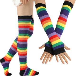 Shas mujeres arco iris rayas sobre la rodilla muslo calcetines altos calentador de brazo sin dedos guantes conjunto de disfraz de Cosplay disfraz de fiesta (8)