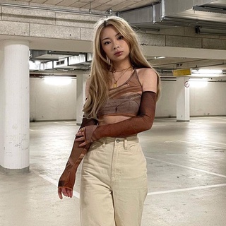 Retro impreso marrón Halter Crop Cami Tops con guante moda mujeres verano 90s Vintage estilo coreano Streetwear