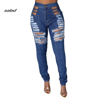 [Sa] Lady Denim pantalones Ripped Hole borla Jeans transpirables para uso diario (1)