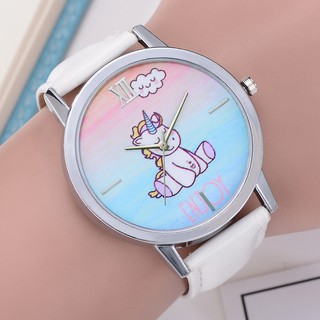 Pingxixi niños niños reloj unicornio diseño de dibujos animados lindo analógico reloj de cuarzo con cuero brazalete de dibujos animados unicornio patrón reloj Casual reloj de pulsera para niña niño blanco (1)