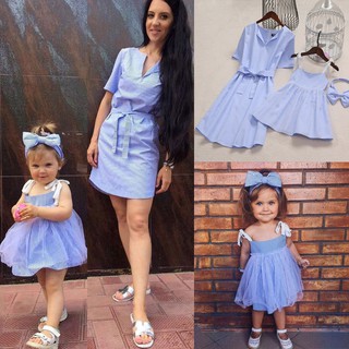 ayi-summer madre e hija azul raya mini vestido de la familia coincidencia de las mujeres niño
