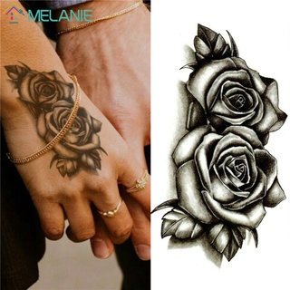 Negro moda impermeable temporal tatuaje pegatina/transferencia de agua doble rosa flores/pareja día de san valentín calcomanía arte corporal (1)