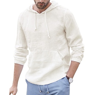 Hombre holgado algodón lino con capucha bolsillo sólido manga larga Retro camisetas Tops