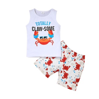 ✿Mv✬Conjunto de ropa de niños, rayas/tiburón/Crab impresión sin mangas O-cuello chaleco + pantalones cortos para el verano
