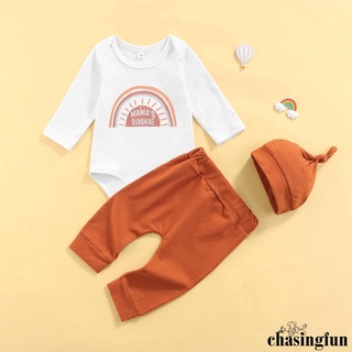 Chf-3 piezas trajes casuales para bebé, arco iris y letras de impresión de manga larga cuello redondo pijama + pantalones de Color sólido + gorra anudada