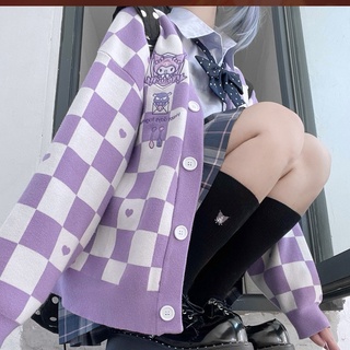 My Melody Kawaii Japonés Harajuku Cinnamon Perro Kuromi JK suéter suelto tablero de ajedrez dulce linda chaqueta de punto (5)