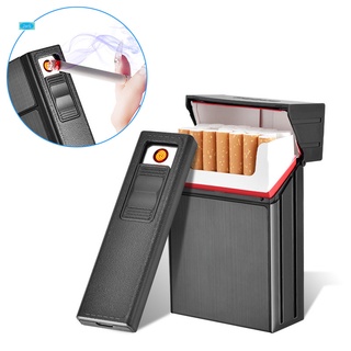 Caja de cigarrillos portátil con encendedores a prueba de viento USB recargable fumar cigarrillos caja titular encendedor regalo (1)