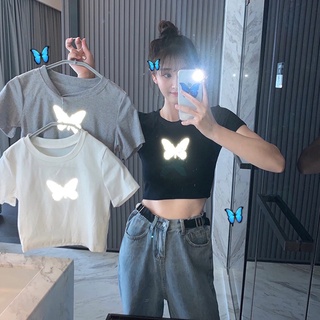 Crop Top estilo mujer camiseta Tops reflectante mariposa impresión camiseta de manga corta
