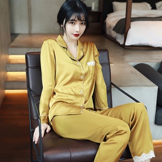 Hielo de seda de manga larga pantalones pijama conjunto de color sólido pijamas mujeres Baju Tidur Wanita ropa de dormir de las mujeres ropa de dormir