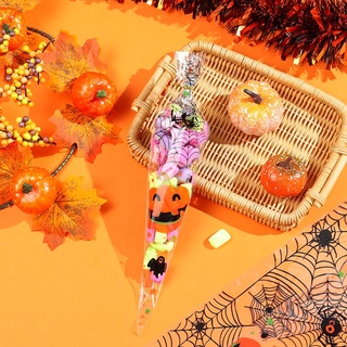 LAKAMIER 100PCS Gift Halloween Cone Bags Trick Or Treat Pumpkin Spider Triangle-shape Candy Pocket Cellophane Pouches For Cookies Snack Party Supplies DIY Snack Package Black Cobweb (9)