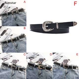 [Sunstar] Cinturón de cuero negro de las mujeres de Metal corazón hebilla cinturón Vintage tallado niñas cinturón (2)
