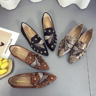 mujer moda abeja bordado todo-partido puntiagudo dedo del pie casual zapatos planos