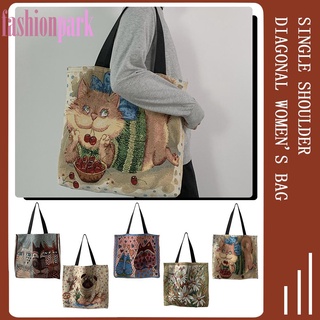 Fashionpark bolso de moda de lona de dibujos animados gato impresión hombro bolsa de la compra de las mujeres Casual bolso